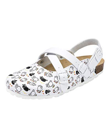 CLINIC DRESS Clog - Clogs Damen weiß bunt Motiv. Schuhe für Krankenschwestern, Ärzte oder Pflegekräfte weiß/schwarz, Schäfchen 37 im Sale